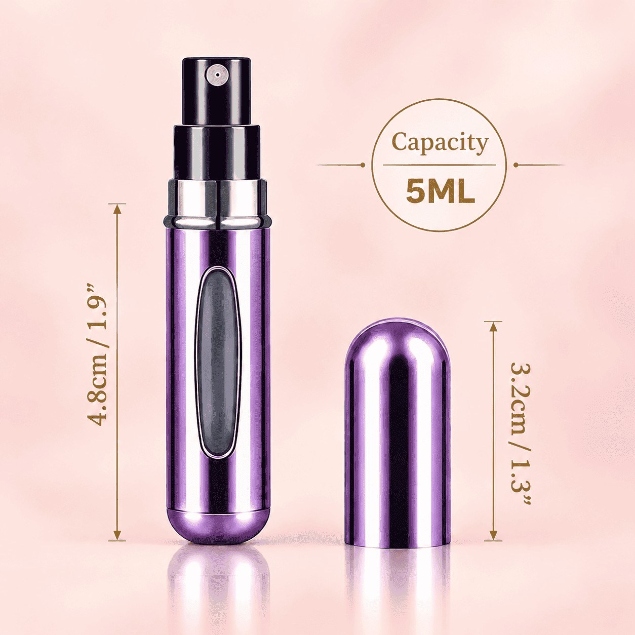 Set of five metallic 5ml refillable perfume atomizers in red, purple, green, gold and silver with fine mist spray nozzle and see-through liquid window thumbnail 5
