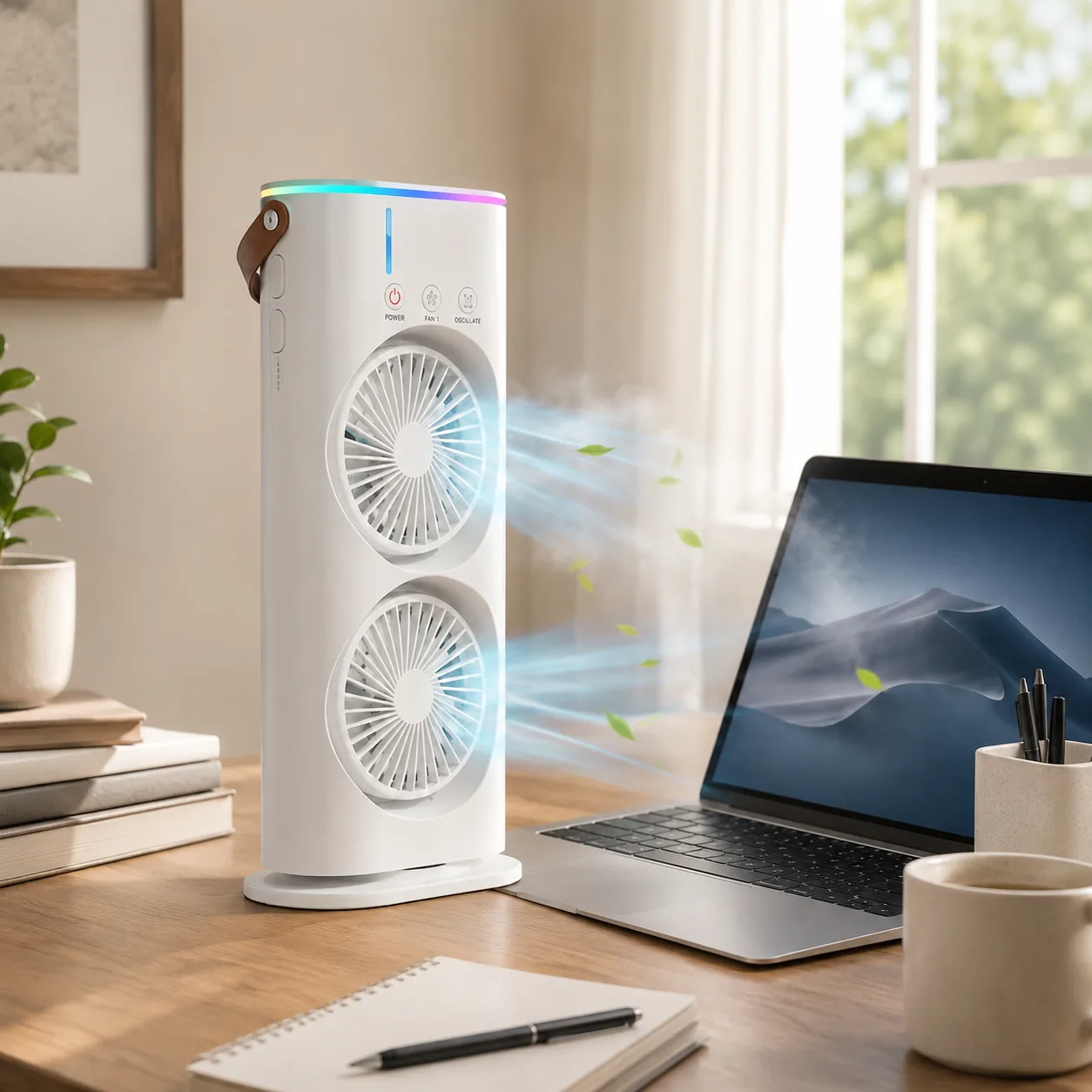 Dual tower cooling fan with mist spray and remote control on a desk