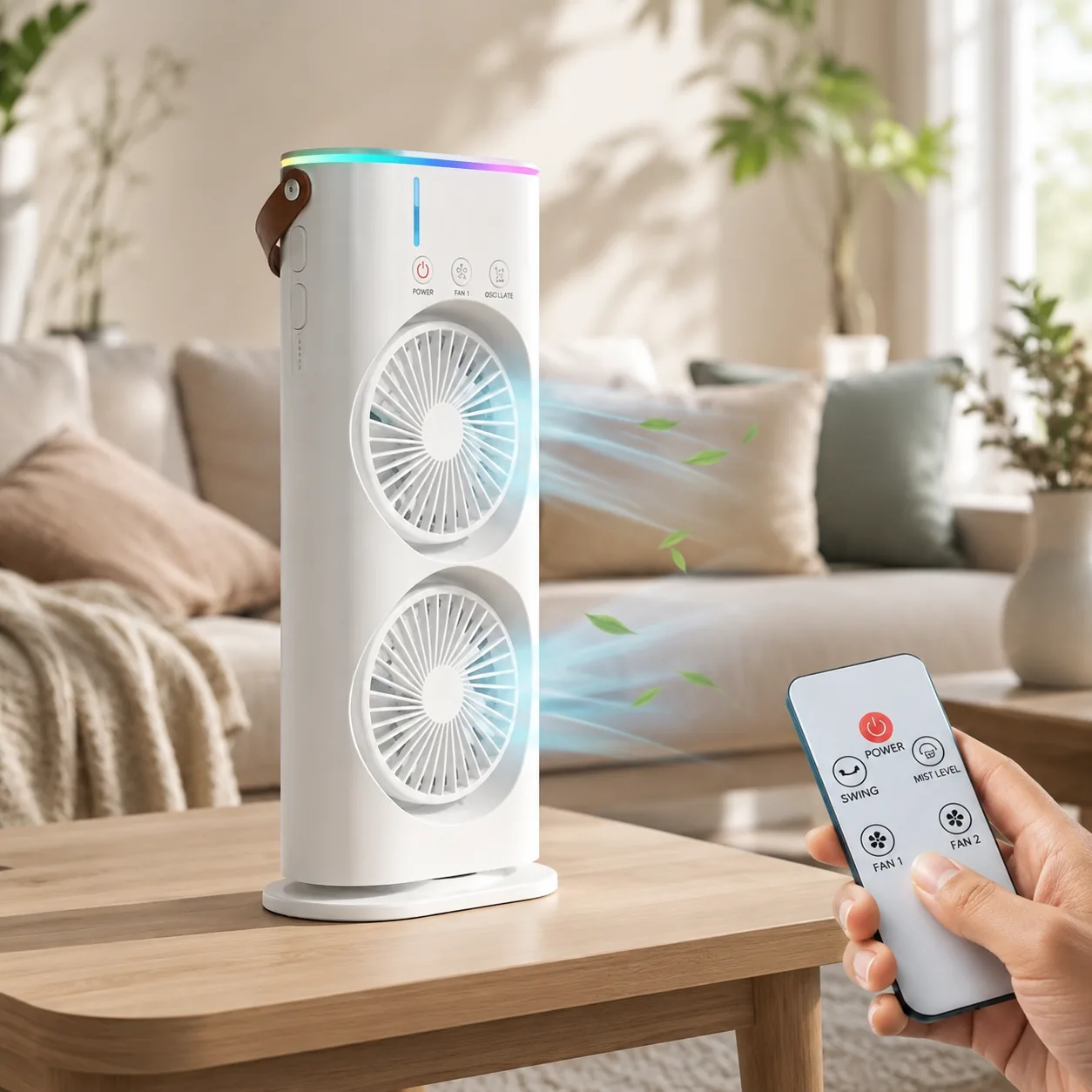 Dual tower cooling fan with mist spray and remote control on a desk - View 2