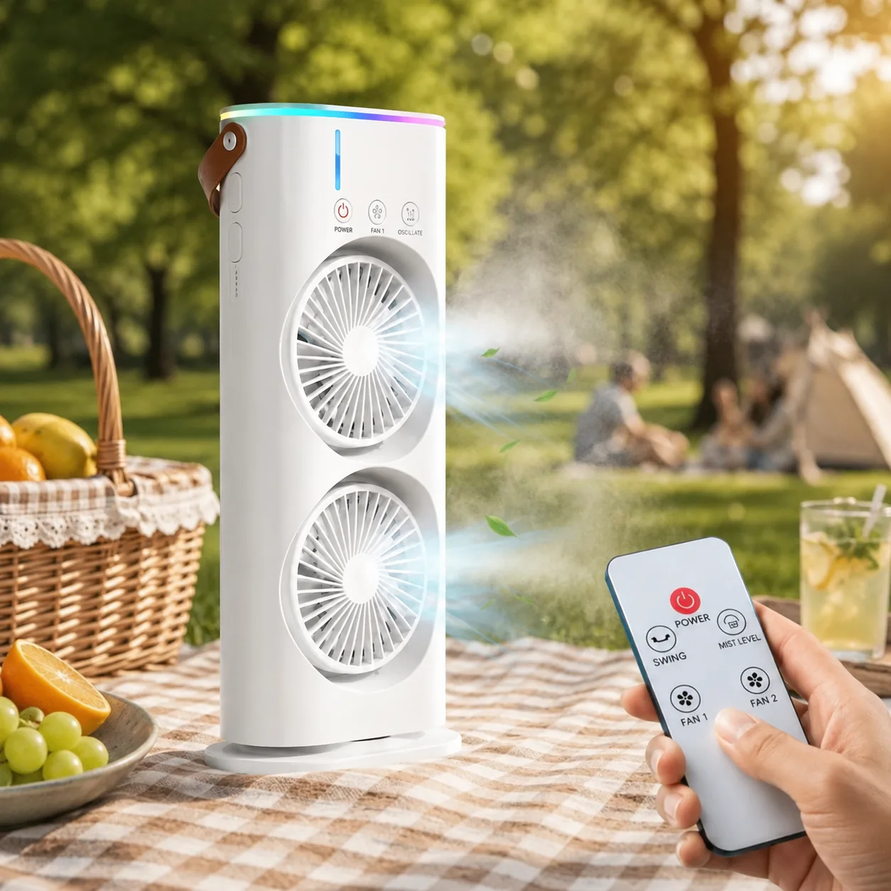 Dual tower cooling fan with mist spray and remote control on a desk - View 3