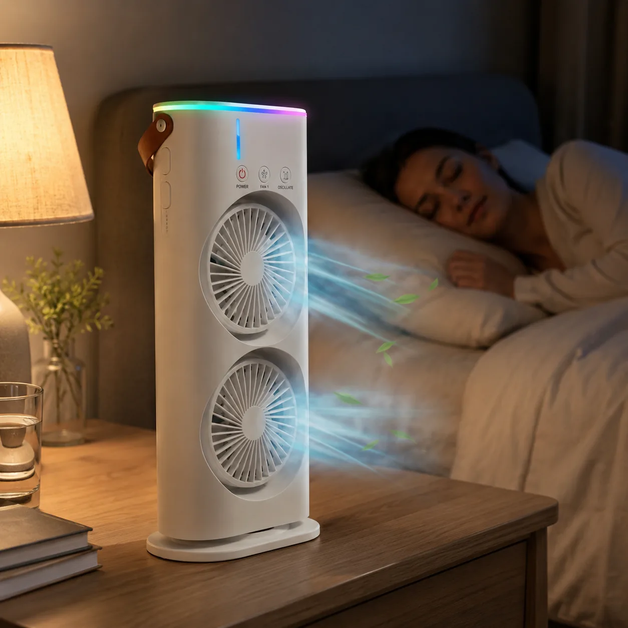 Dual tower cooling fan with mist spray and remote control on a desk - View 4