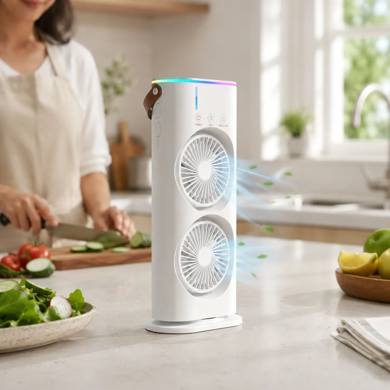 Dual tower cooling fan with mist spray and remote control on a desk - View 5