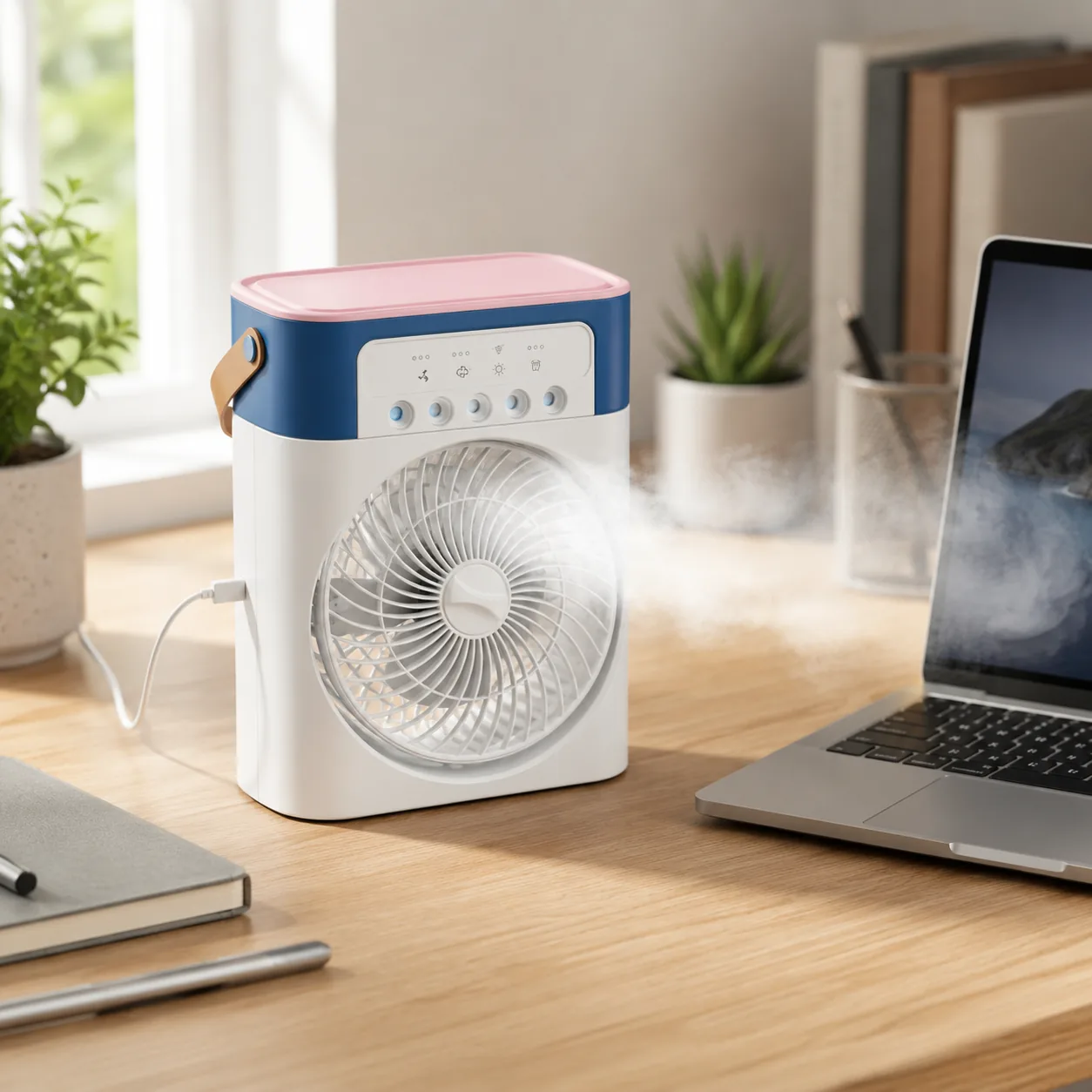Portable mini air cooler mist fan with 7-color LED light on a desk