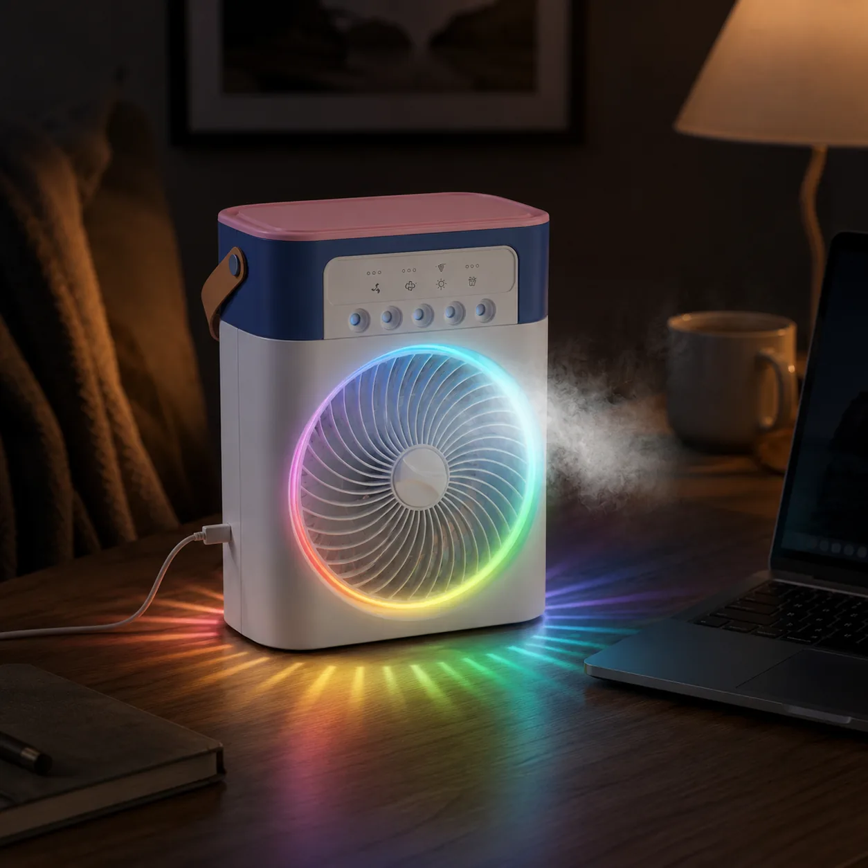 Portable mini air cooler mist fan with 7-color LED light on a desk - View 2