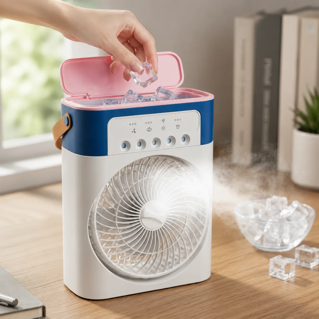 Portable mini air cooler mist fan with 7-color LED light on a desk - View 3