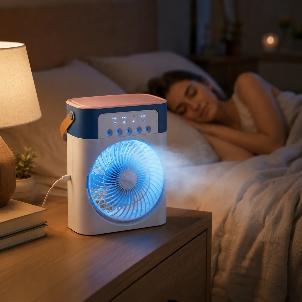 Portable mini air cooler mist fan with 7-color LED light on a desk - View 4