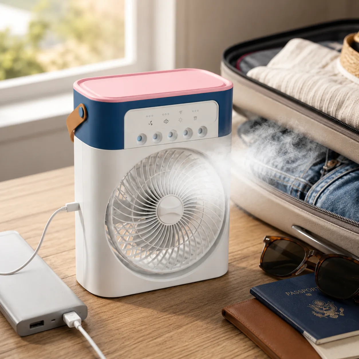 Portable mini air cooler mist fan with 7-color LED light on a desk - View 5