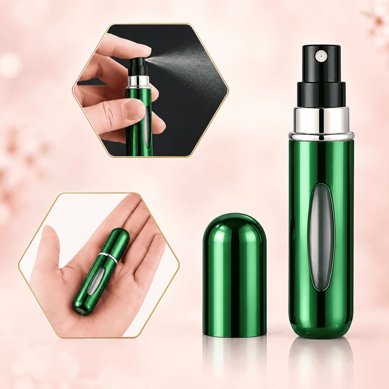 Set of five metallic 5ml refillable perfume atomizers in red, purple, green, gold and silver with fine mist spray nozzle and see-through liquid window thumbnail 4