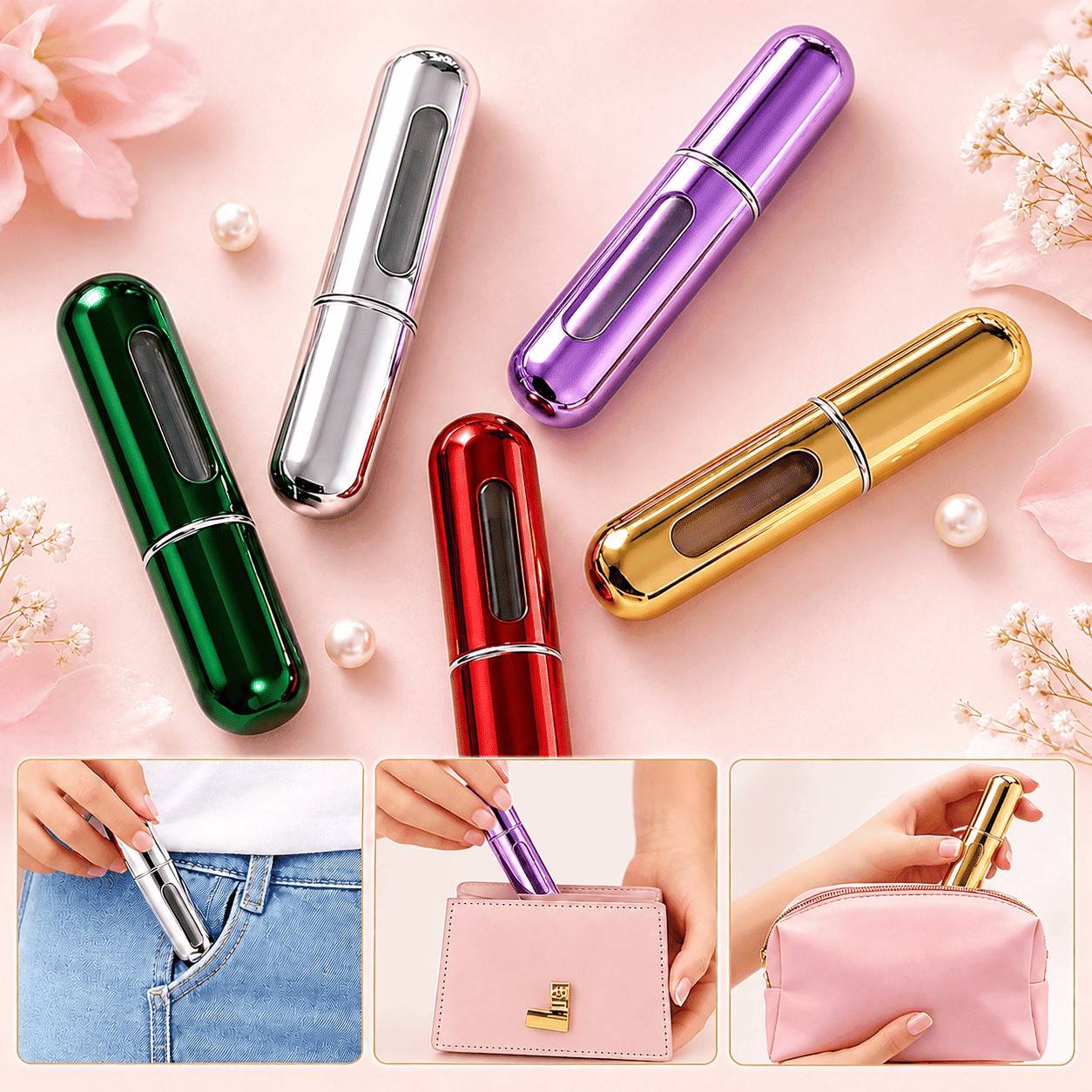 Set of five metallic 5ml refillable perfume atomizers in red, purple, green, gold and silver with fine mist spray nozzle and see-through liquid window thumbnail 6