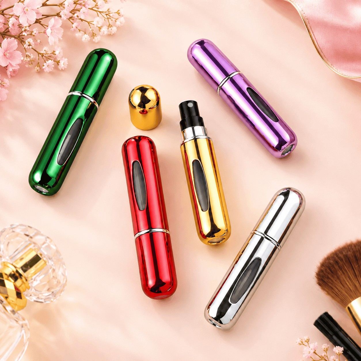 Set of five metallic 5ml refillable perfume atomizers in red, purple, green, gold and silver with fine mist spray nozzle and see-through liquid window thumbnail 1