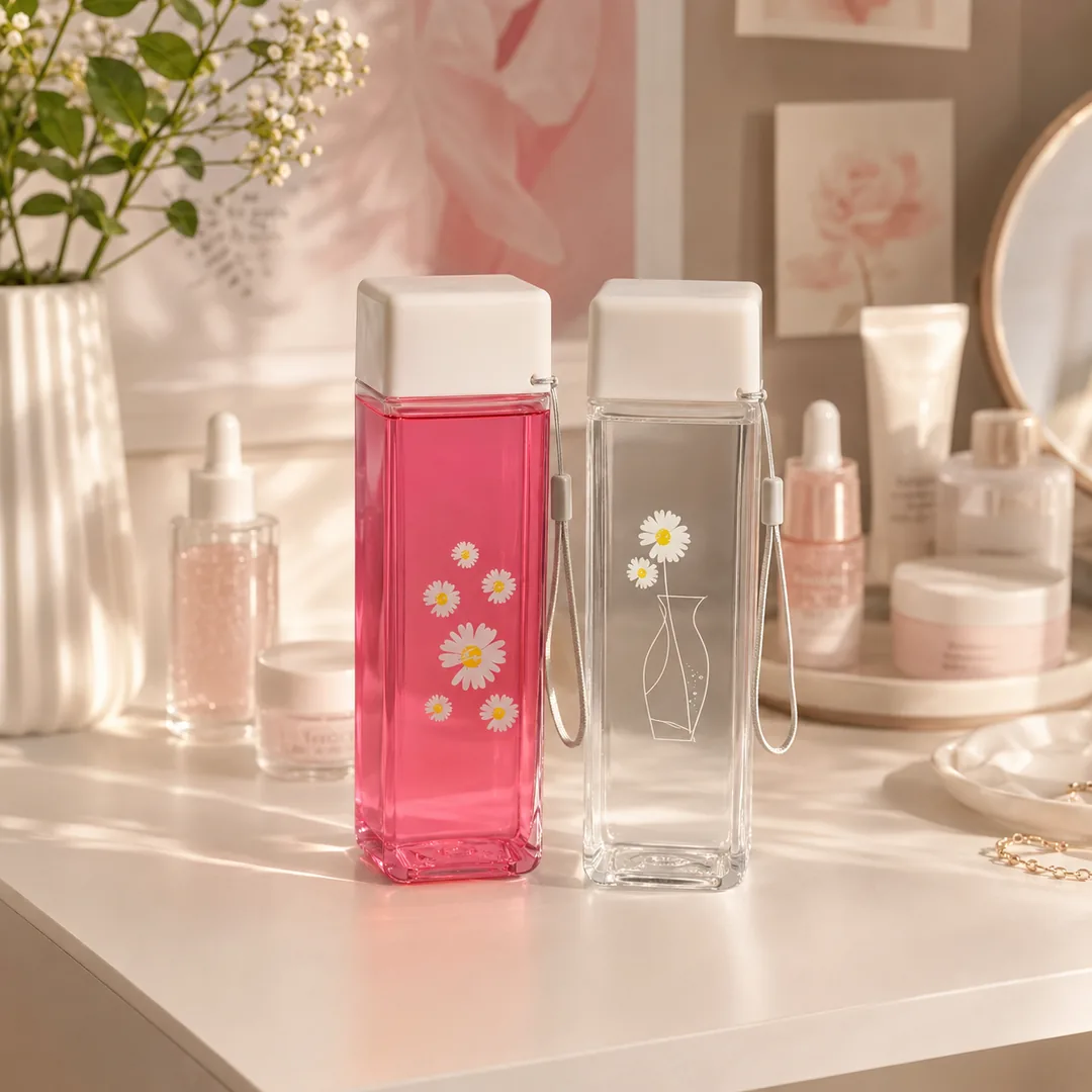 Clear square daisy water bottle with carry strap – ZenteMart Pakistan thumbnail 2