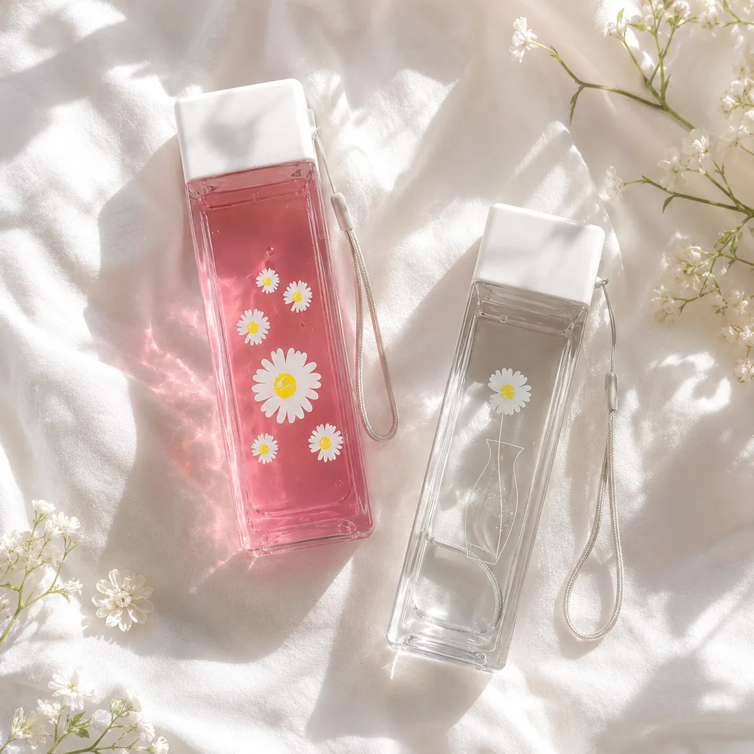 Clear square daisy water bottle with carry strap – ZenteMart Pakistan thumbnail 3