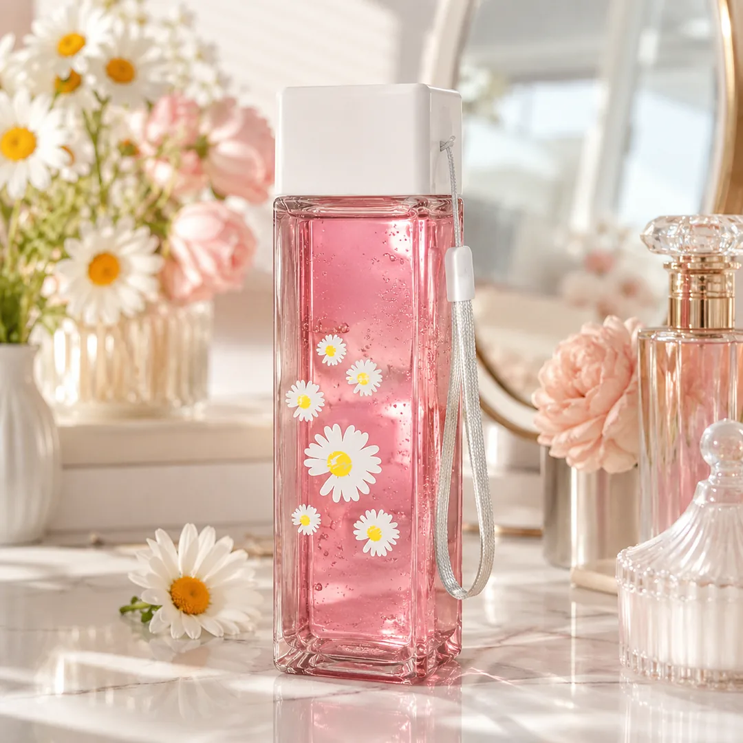 Clear square daisy water bottle with carry strap – ZenteMart Pakistan thumbnail 4