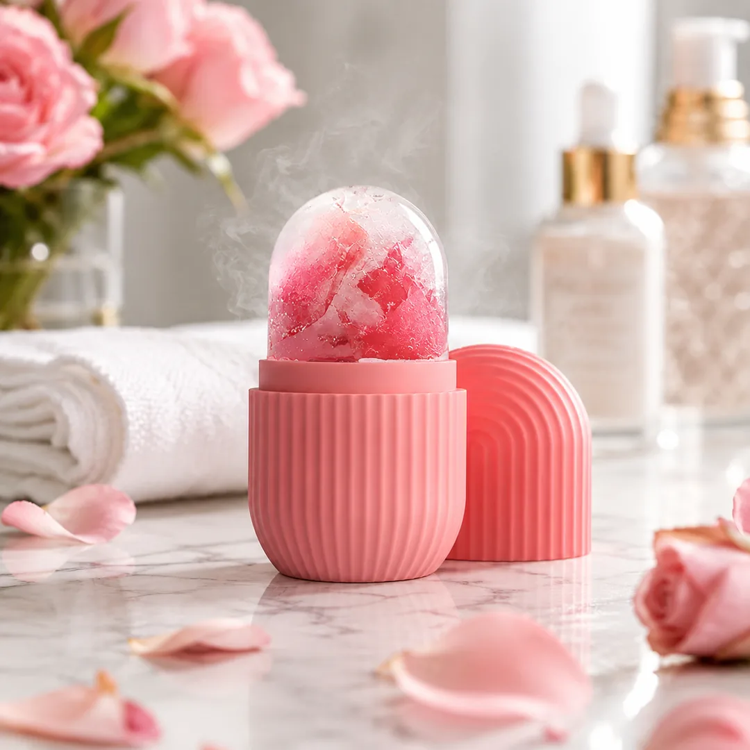 Pink silicone facial ice roller with frozen rose petals – ZenteMart Pakistan thumbnail 1