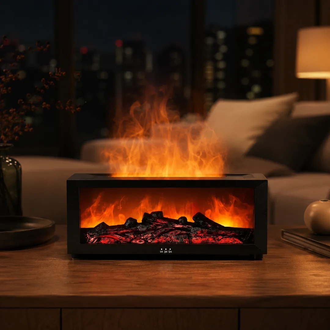 Black flame-effect aroma diffuser and humidifier with realistic flame mist – ZenteMart Pakistan thumbnail 1