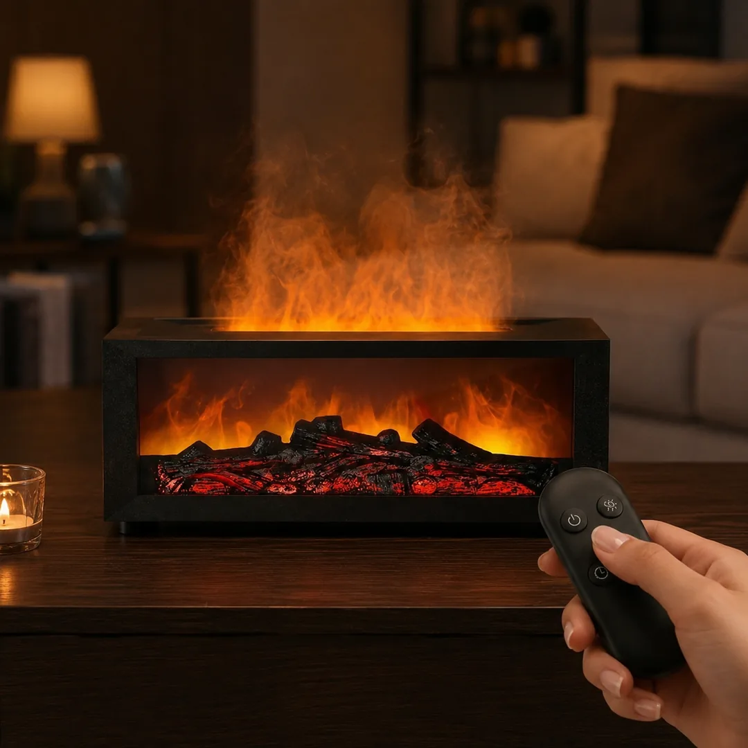 Black flame-effect aroma diffuser and humidifier with realistic flame mist – ZenteMart Pakistan thumbnail 3