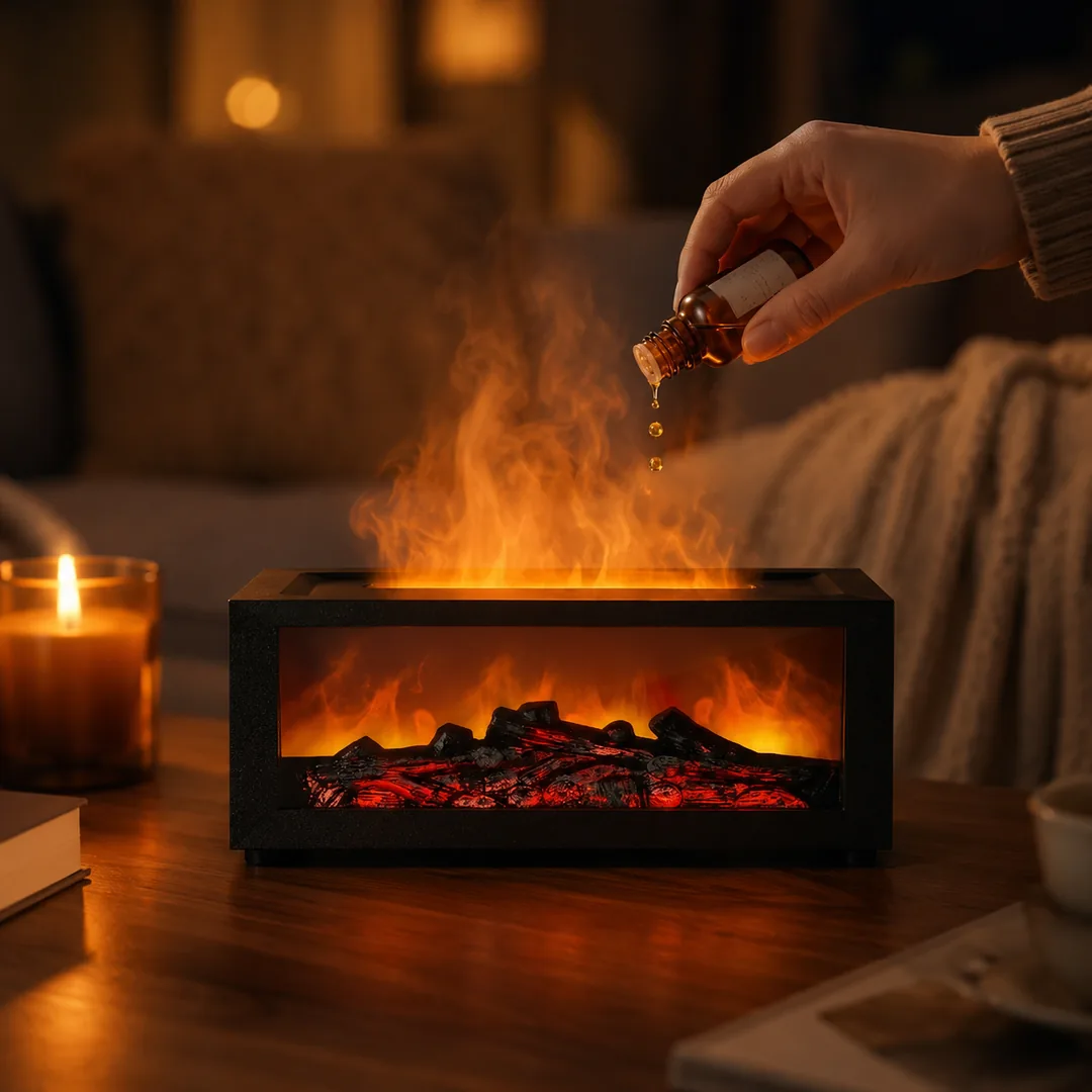 Black flame-effect aroma diffuser and humidifier with realistic flame mist – ZenteMart Pakistan thumbnail 4
