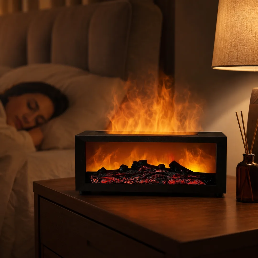Black flame-effect aroma diffuser and humidifier with realistic flame mist – ZenteMart Pakistan thumbnail 5