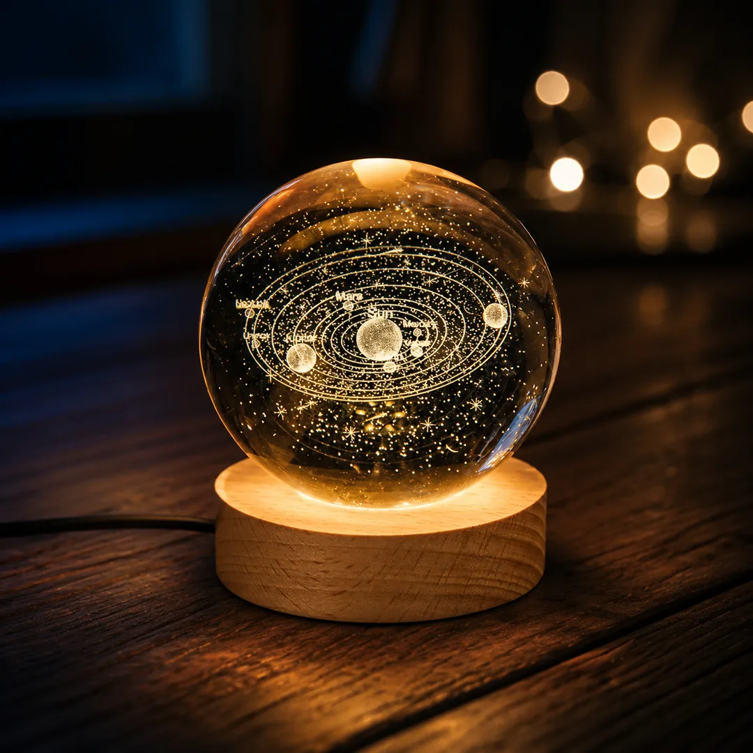 3D solar system crystal ball night light glowing on a wooden base – ZenteMart Pakistan