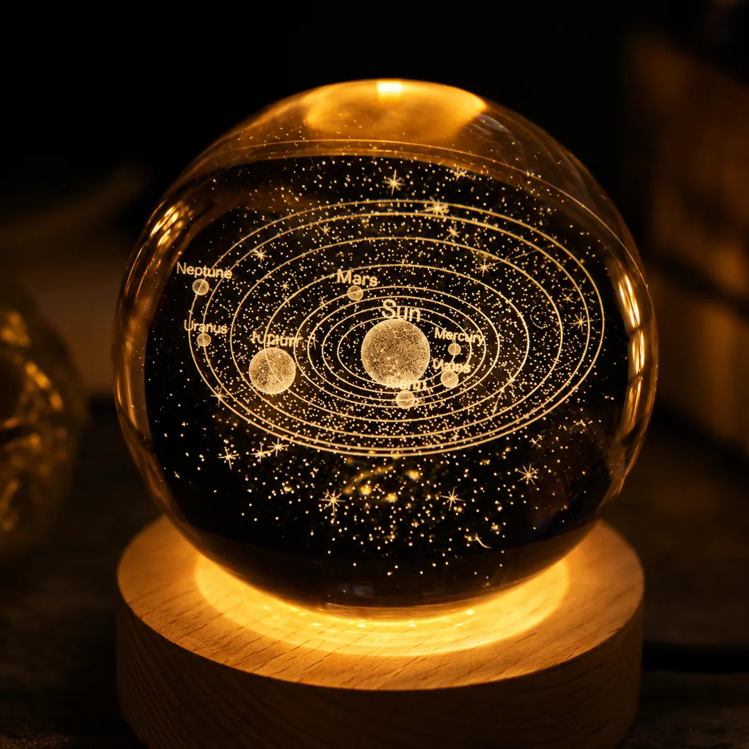 3D solar system crystal ball night light glowing on a wooden base – ZenteMart Pakistan - View 2