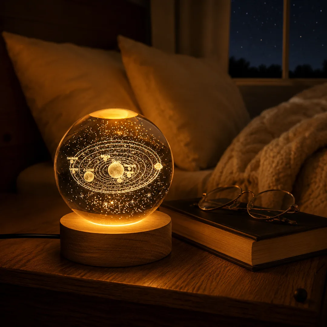 3D solar system crystal ball night light glowing on a wooden base – ZenteMart Pakistan - View 3