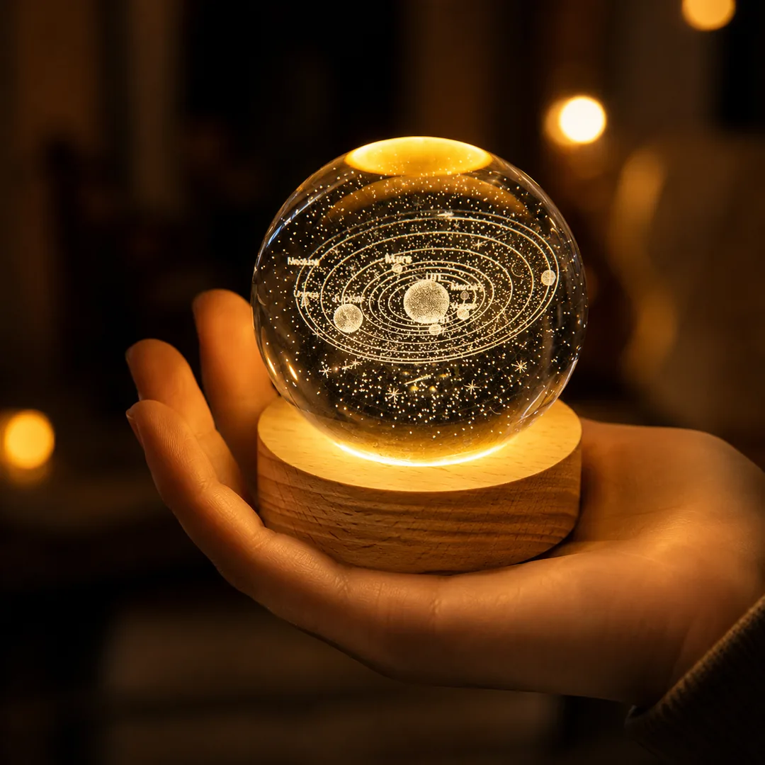 3D solar system crystal ball night light glowing on a wooden base – ZenteMart Pakistan - View 4