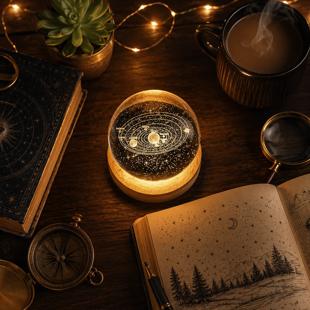 3D solar system crystal ball night light glowing on a wooden base – ZenteMart Pakistan - View 5