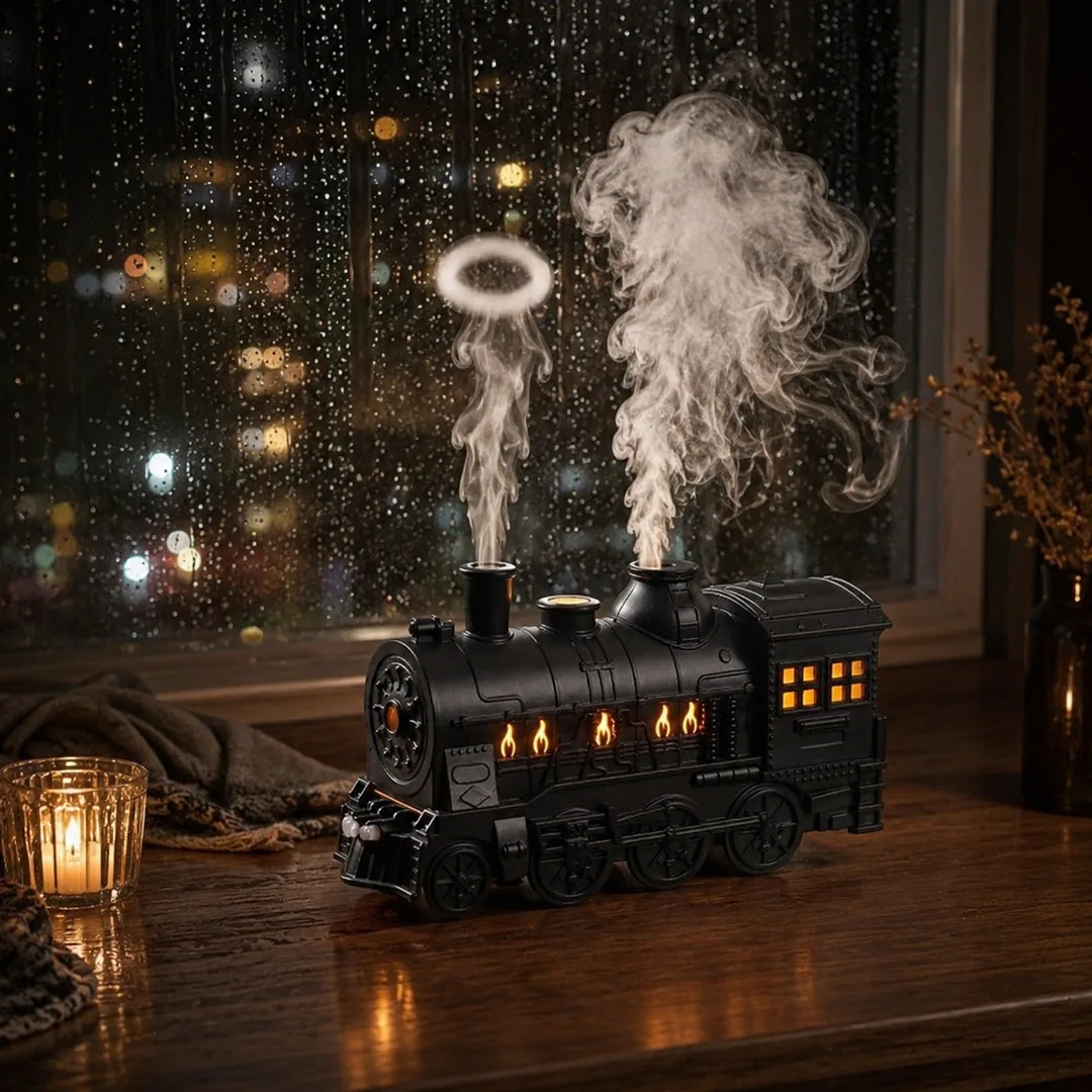 Retro steam train aroma diffuser releasing mist with flame LED lights – ZenteMart Pakistan thumbnail 2