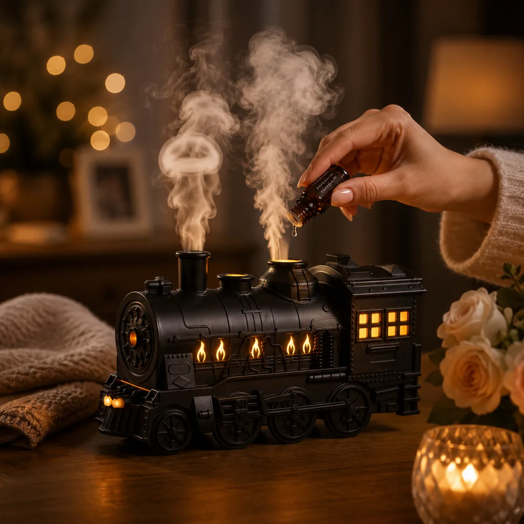 Retro steam train aroma diffuser releasing mist with flame LED lights – ZenteMart Pakistan thumbnail 3