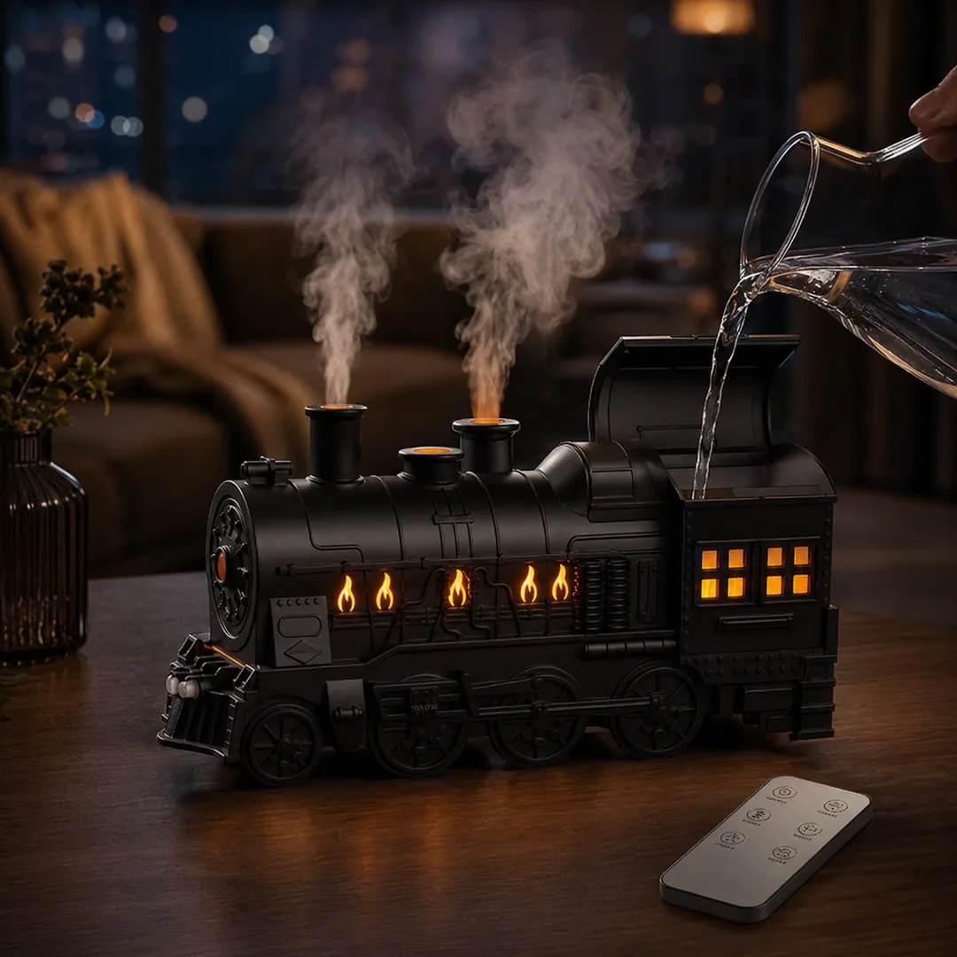 Retro steam train aroma diffuser releasing mist with flame LED lights – ZenteMart Pakistan thumbnail 4
