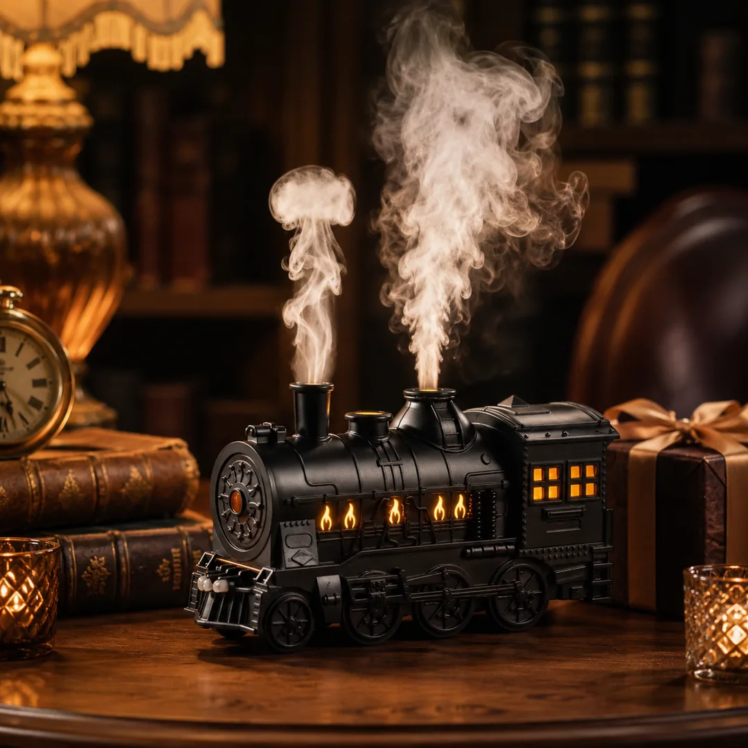 Retro steam train aroma diffuser releasing mist with flame LED lights – ZenteMart Pakistan thumbnail 5