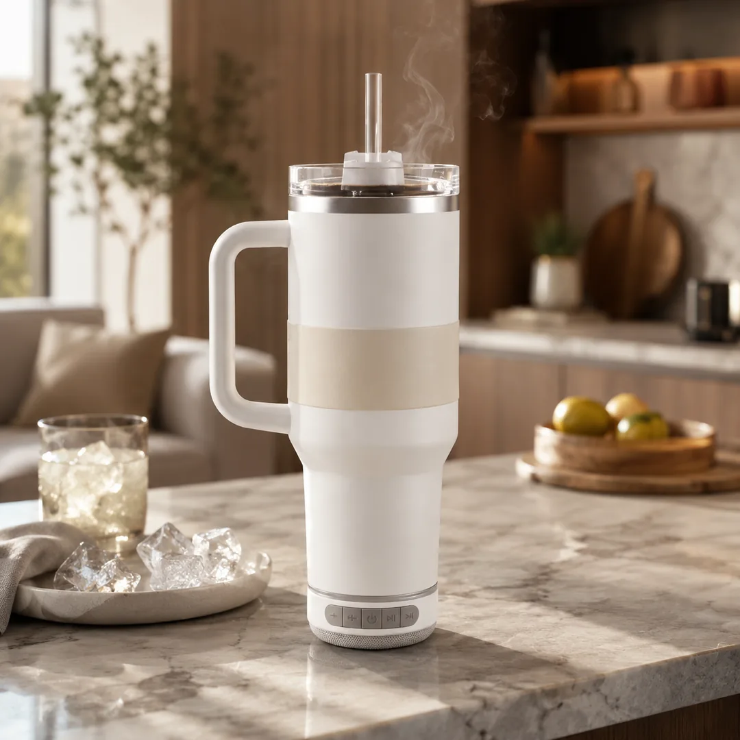 White insulated tumbler with a detachable Bluetooth speaker base and straw – ZenteMart Pakistan