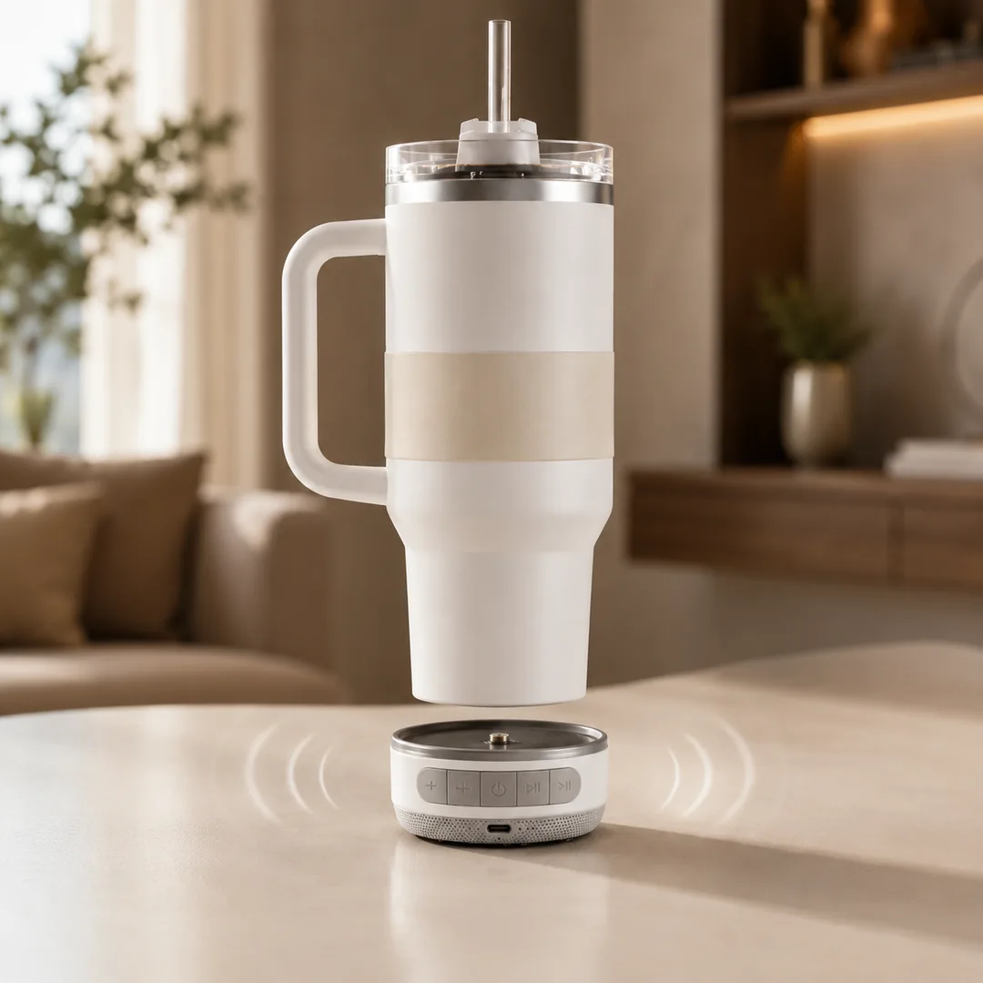 White insulated tumbler with a detachable Bluetooth speaker base and straw – ZenteMart Pakistan - View 2