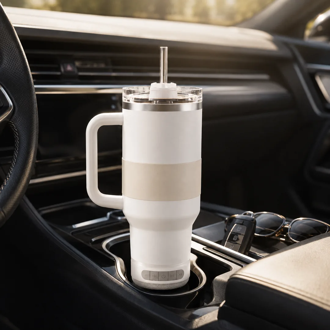 White insulated tumbler with a detachable Bluetooth speaker base and straw – ZenteMart Pakistan - View 3