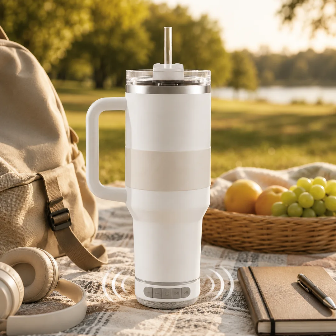 White insulated tumbler with a detachable Bluetooth speaker base and straw – ZenteMart Pakistan - View 4