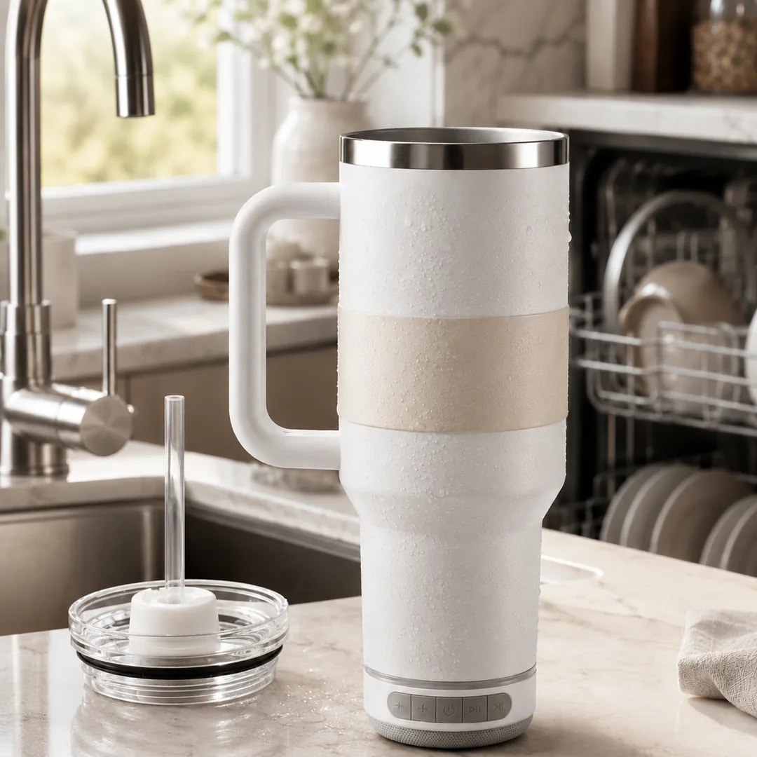 White insulated tumbler with a detachable Bluetooth speaker base and straw – ZenteMart Pakistan - View 5